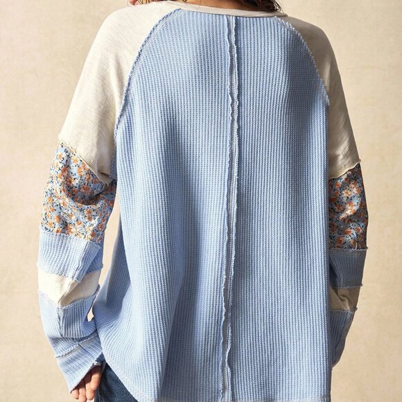 Blue Casual Women's Knit Patchwork Round Neck Long Sleeve Loose Blouse - Picture 2 of 8